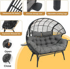 Double Egg Chair Outdoor Indoor 2 Person Wicker Egg Lounge Chair with Foldable Cup Holder Cushion Rain Cover Patio Oversized Loveseat for Balcony Porch Backyard