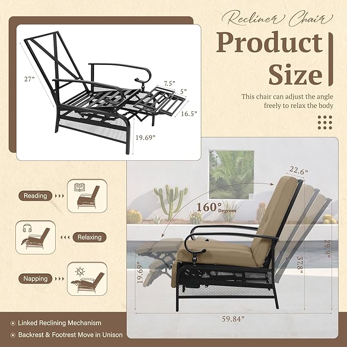 Oakcloud Adjustable Outdoor Lounge Chair Metal Patio Relaxing Recliner Chair with Removable Cushions(Brown)