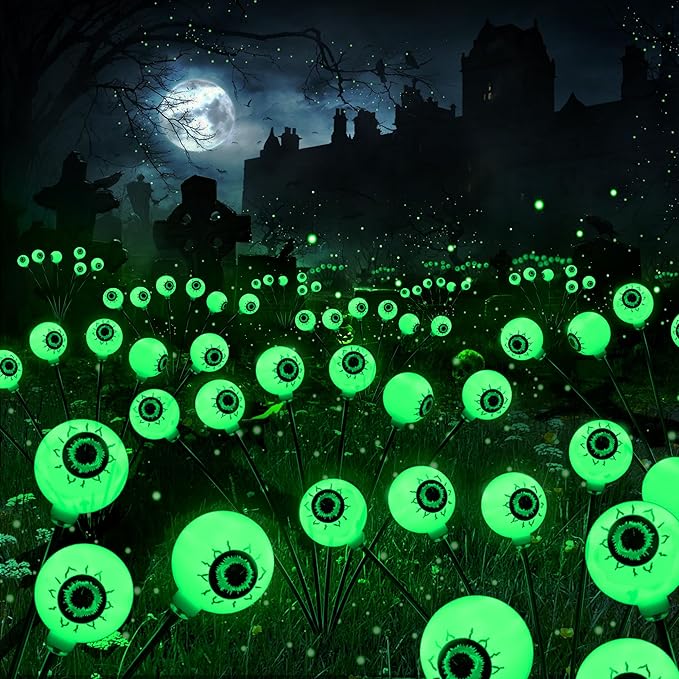 BrizLabs 4 Pack 24 LED Halloween Solar Lights, 2 Modes Outdoor Halloween Eyeball Pathway Lights, Solar Spooky Walkway Light Waterproof, Green Swaying Firefly Lighting for Path Yard Garden Lawn