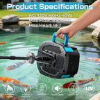 850GPH All-in-1 Pond Pump for Pond 100 to 750 Gallons | Built in U - V Light & Colorful LED, Submersible Fountain Pump for Koi Ponds, Waterfall & Water Features to Clean Green Water