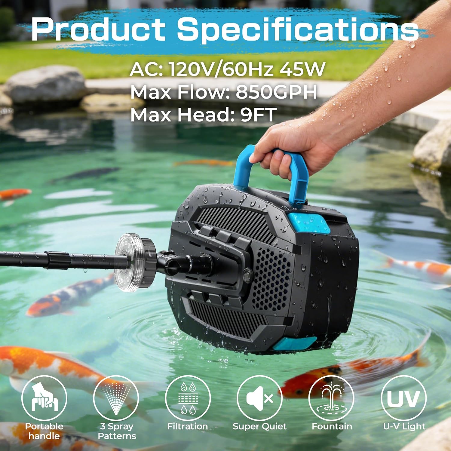 850GPH All-in-1 Pond Pump for Pond 100 to 750 Gallons | Built in U - V Light & Colorful LED, Submersible Fountain Pump for Koi Ponds, Waterfall & Water Features to Clean Green Water