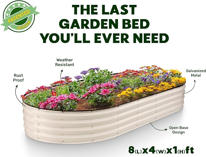 Plant & Plot Galvanized Raised Garden Beds Outdoor // 8×4×1 ft Planter Raised Beds for Gardening, Vegetables, Flowers // Large Metal Garden Box // Patented Tool-Free Design (White)
