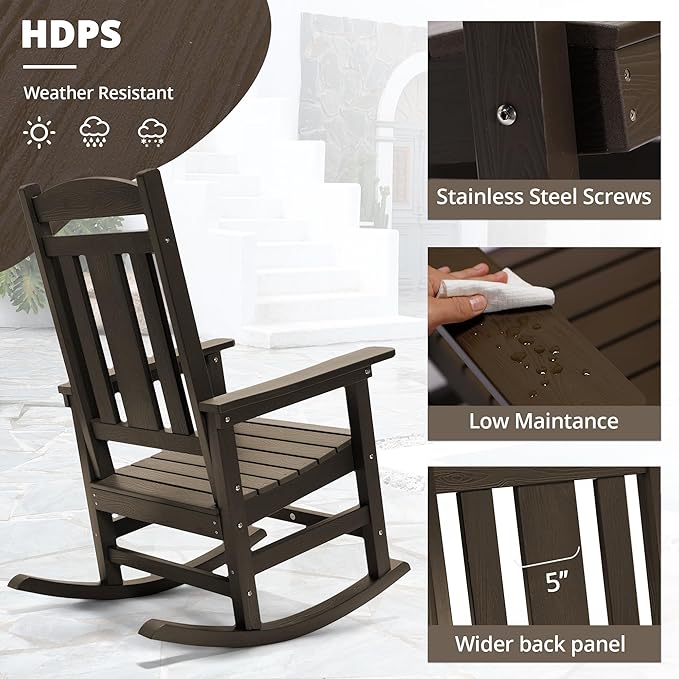 LUE BONA Outdoor Rocking Chairs Set, 3-Piece, Poly Porch Rockers with Table, Plastic Weather Resistant Rocking Chair Set for Outdoor Indoor, Garden, Backyard, 350lb, Brown, Chairs+Table