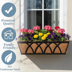 Window Deck Railing Planters Boxes with Coconut Liner, The Bottom Flat Window Boxes Planter Flower Boxes Metal Black Balcony Planters Railing Hanging for Outdoor Fence Porch Patio Lawn(2Pcs 24 Inch)