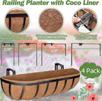ZeeDix 4 Pack 24 Inch Railing Planter Box, Metal Window Boxes with Coco Liners for Railing, Hanging Flower Boxes for Deck Porch Balcony & Fence Outdoor Indoor Lawn