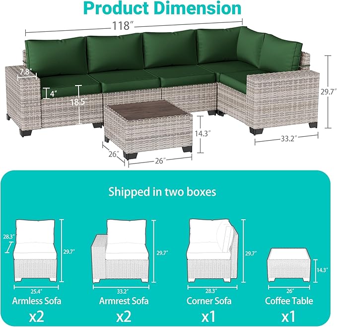 6-Piece Outdoor Patio Furniture Set Wicker Sectional Sofa Set, Patio Conversation Set with Thickened Cushions & Coffee Table for Garden, Backyard, Poolside, Green
