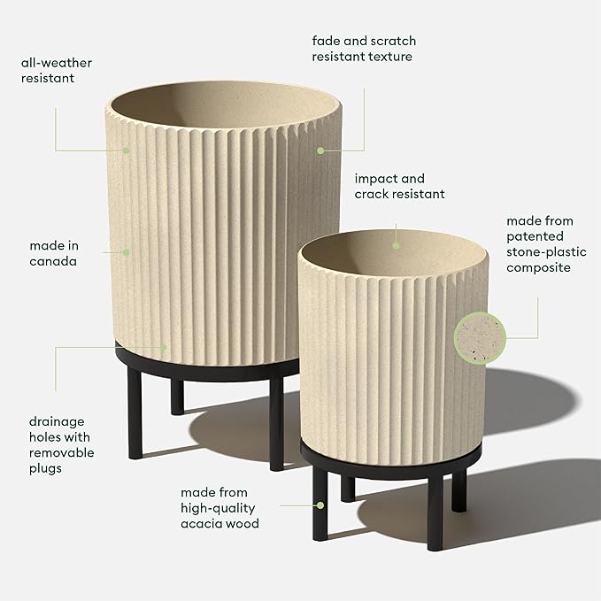 Veradek Demi Series Round Planter w/Stand for Porch/Patio | Durable Plastic-Stone Composite & Wooden Stand | Modern Décor for Tall Plants, Flowers