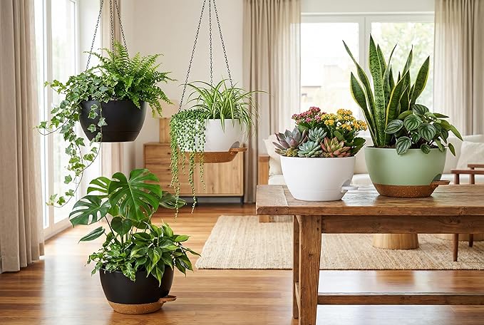 Hanging Planters, 3-Pack 10 Inch Self-Watering Pots with Drainage Holes and Chains, Matte Plastic Planters for Indoor/Outdoor Plant（White）