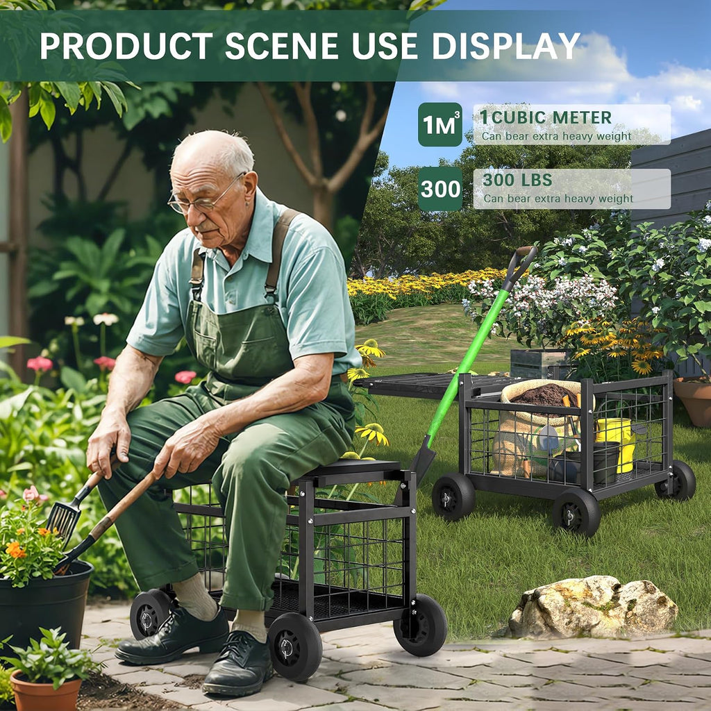 garden cart with seat,3-in-1 rolling seat with wheels, close-up detail