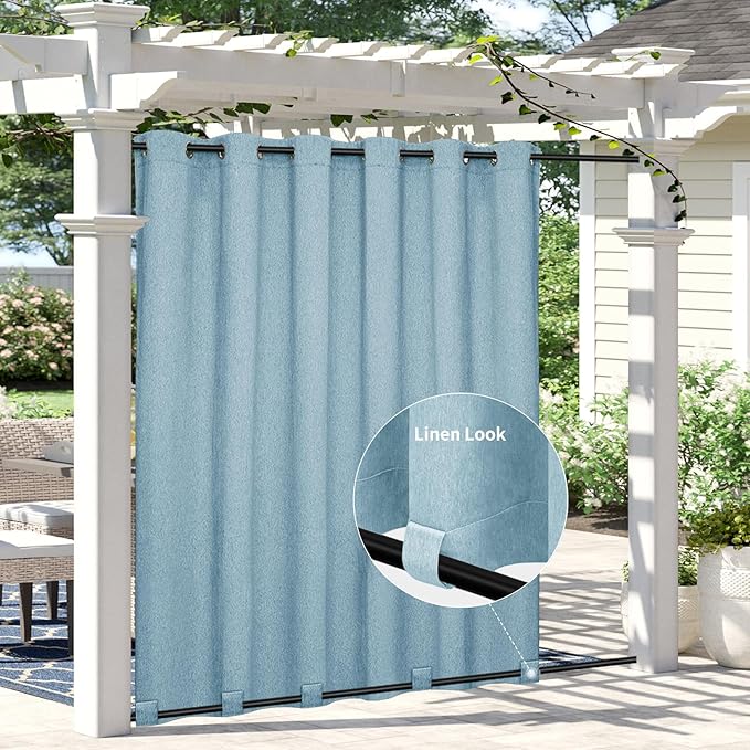 Easy-Going Linen Look Outdoor Curtains Waterproof Windproof Porch Curtains, Soft Thicken Outdoor Privacy Curtains for Patio, Gazebo, Grommet Top and Tab Bottom Drape, 1 Panel, 110x84 inch, Sky Blue