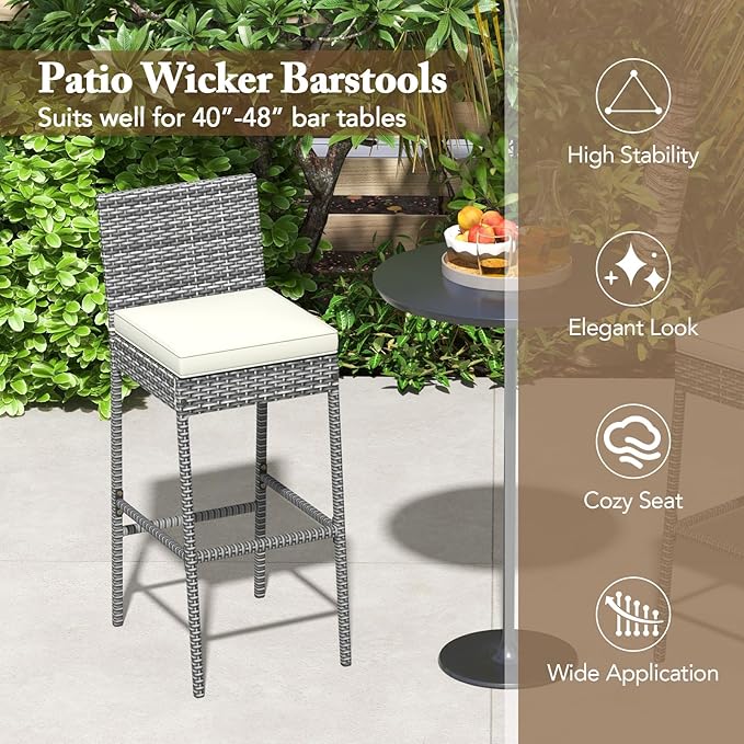 HAPPYGRILL Patio Wicker Barstools Set of 4, Outdoor Bar Height Chair w/Soft Seat Cushion & Cozy Footrest, Heavy-Duty Metal Frame, 400 lbs Max Load, Rattan Armless Bar Chairs