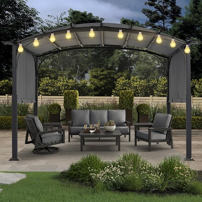 MASTERCANOPY 10x12ft Outdoor Retractable Pergola with Sun Shade Canopy Patio Metal Garden Pergola,Dark Grey