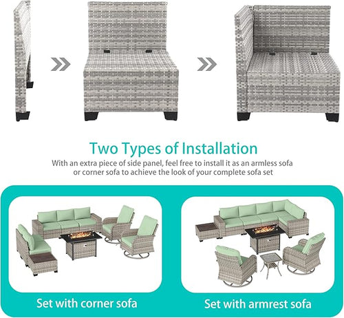 10-Piece Outdoor Patio Furniture Set with Rocking Swivel Chair, PE Wicker Rattan Sectional Sofa Patio Conversation Set with 55,000 BTU Fire Pit Table & Coffee Table, Light Green