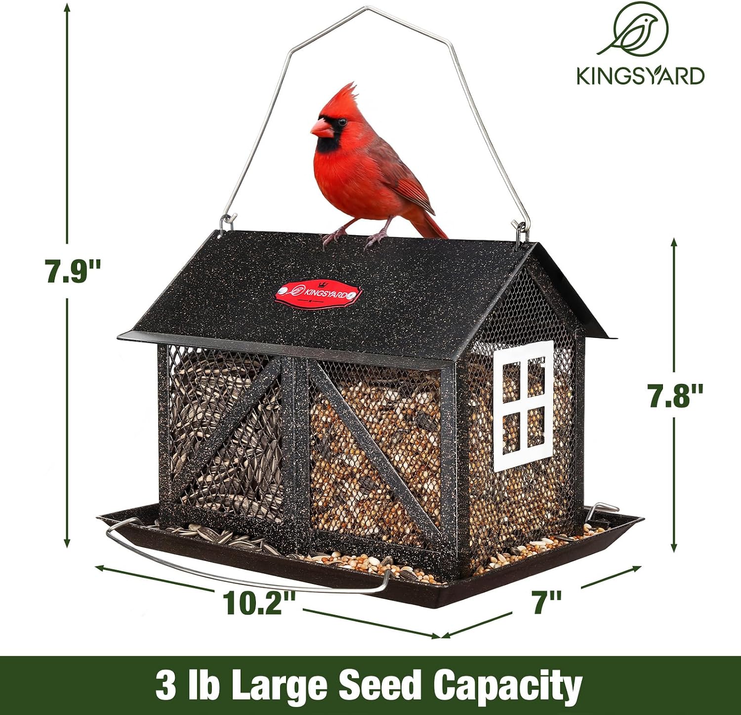 Kingsyard Metal Bird Feeder for Outdoors Hanging, 2-in-1 Wild Bird Feeder with Seed Tray & Built-in Perch, 5 lb Large Capacity for Cardinal Chickadee Finch, Black