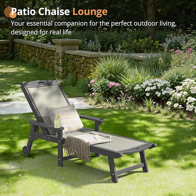 LUE BONA Chaise Lounge Chair Outdoor, HDPS and HDPE Wicker Material, Patio Lounge Chair with Adjustable Backrest, Resin Pool Lounge Chairs with Wheels for Backyard, Poolside and Deck, Gray
