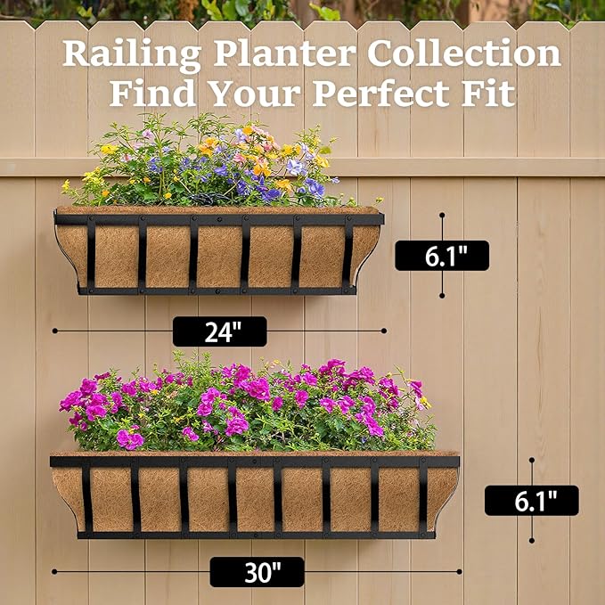 Railing Planter Boxes, Heavy Duty Window Box Planters, Adjustable Balcony Planters for Railing Hanging, with Coco Liner & Support Rod for Deck, Porch, and Patio Gardening (3 Pack, 24 Inch)