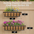 Railing Planter Boxes, Heavy Duty Window Box Planters, Adjustable Balcony Planters for Railing Hanging, with Coco Liner & Support Rod for Deck, Porch, and Patio Gardening (3 Pack, 24 Inch)