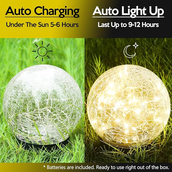 Outdoor Waterproof IP65 Solar Globe Lights, Led Solar Light Balls for Lawn Garden Patio Table Art Decoration, Yard Landscape Illuminated Cracked Glass Sphere Gazing Ball Lights, Round Ornaments Orbs
