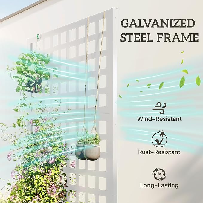 Outsunny Galvanized Raised Garden Bed with Trellis, Metal Planter Box with Drainage Holes, Outdoor Privacy Screen for Climbing Plants, Vegetable, Vines, 35" x 16" x 70", White