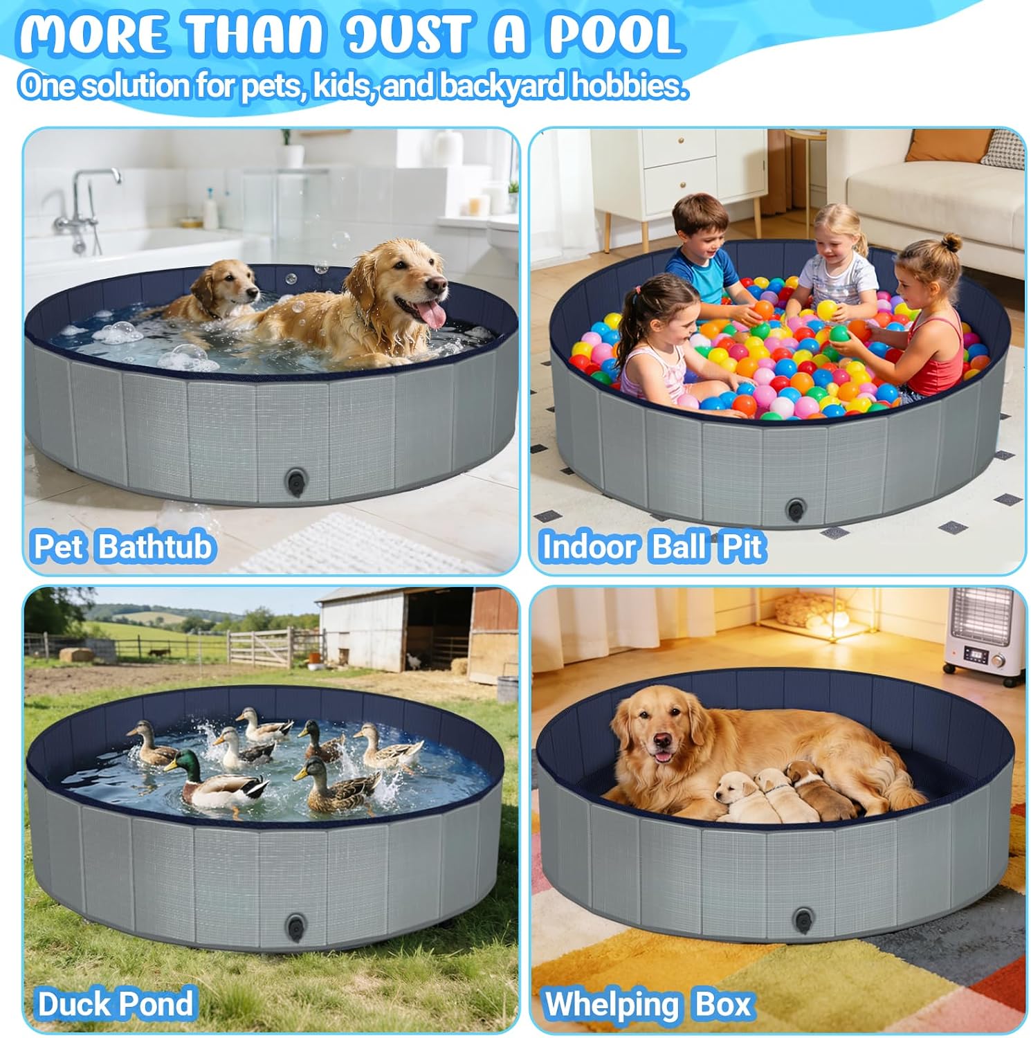 Dog Kiddie Pool for Small Medium Large Dogs, Multiple Pets, 63" Gray | Includes Repair Patches, Non-Slip Bottom, Scratch-Resistant, Collapse Prevention, Indoor & Outdoor Use, Easy Maintenance