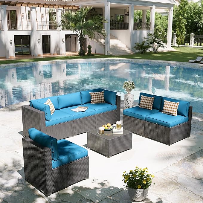 Aoxun Patio Furniture Set, 7 Piece Outdoor Sectional Sofas with Waterproof Cover, Wicker Rattan Outdoor Furniture Patio Conversation Set for Backyard, Garden Peacock Blue