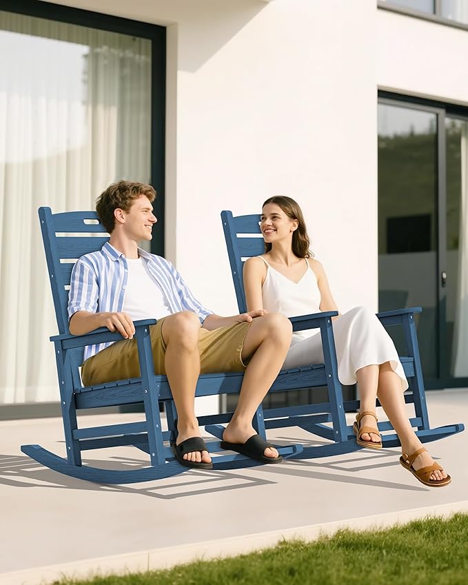 SERWALL Outdoor Rocking Chair Set of 2, Oversized Rocking Chair with Footboard for Adults, HDPE All Weather Resistant Rocking Chairs for Patio, 350lbs Weight Capacity, Navy