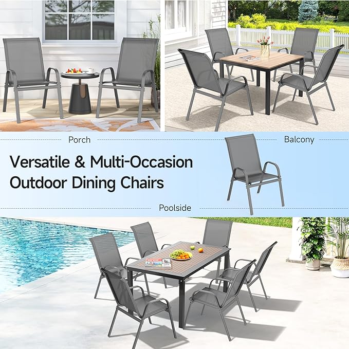 ONBRILL Patio Chairs set of 4, Easy Assembly Stackable Outdoor Dining Chairs with Wide Seat and Sturdy Metal Frame, Breathable All Weather Textilene Outdoor Chairs Set of 4 for Deck, Pool, Porch, Grey