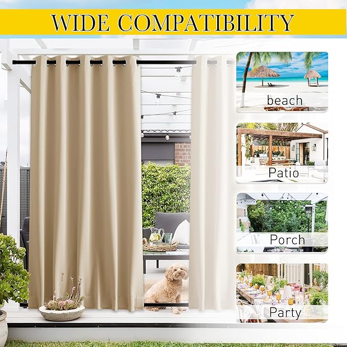 NICETOWN 2 Panels Weighted Blackout Curtains for Patio Waterproof, Top & Bottom Grommet & Back Tab Fixed Outdoor Curtains Windproof Drapes Thermal Insulated for Porch, W66 x L90, Biscotti Beige