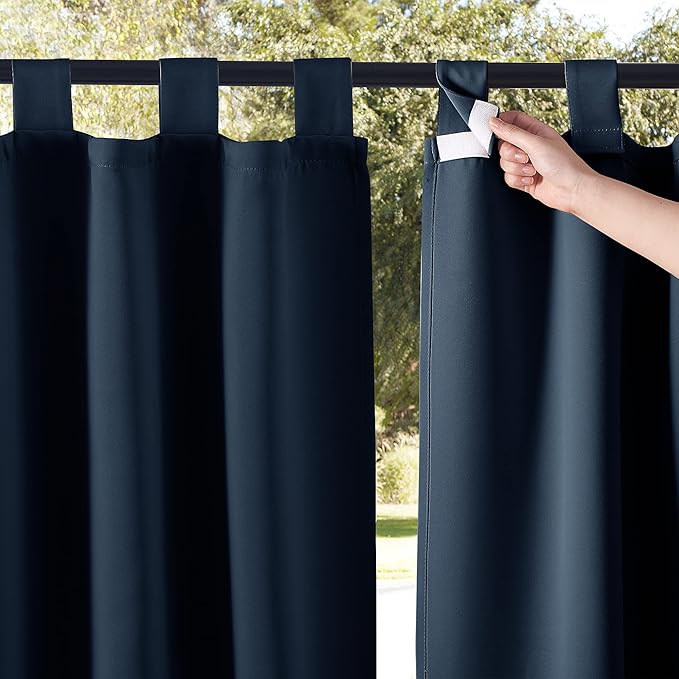 NICETOWN 2 Panels Outdoor Curtainss for Patio Waterproof 84 inch Long, Detachable Tab Top Room Darkening Outdoor Slider Blinds Window Treatment for Shower/Balcony, Navy Blue, 84 inch Wide