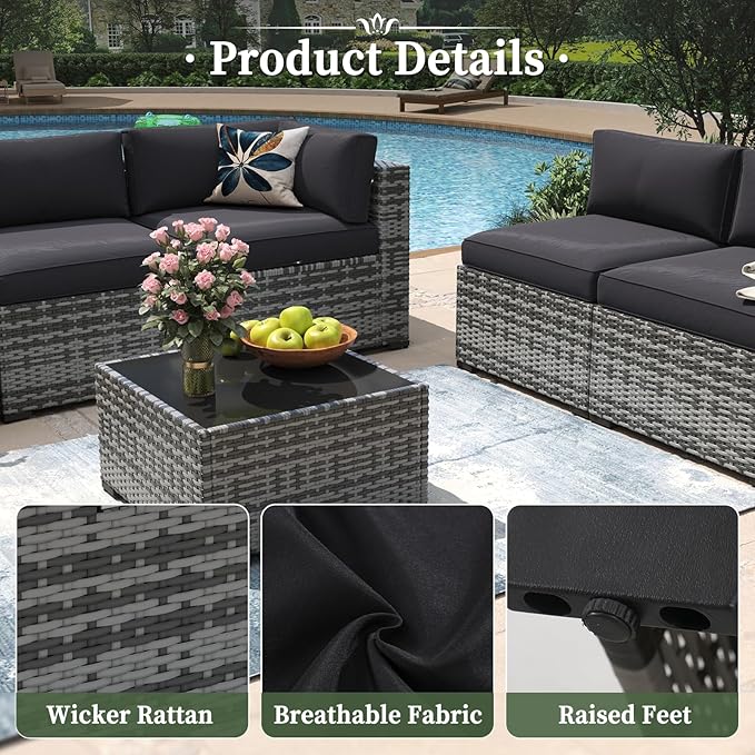 Aoxun 11 Piece Patio Furniture Set with 44” Fire Pit Table Wicker Rattan Outdoor Sectional Sofa Set with Coffee Table and Thickened Cushions, Grey/Black (Waterproof Cover Included)