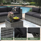 Aoxun 11 Piece Patio Furniture Set with 44” Fire Pit Table Wicker Rattan Outdoor Sectional Sofa Set with Coffee Table and Thickened Cushions, Grey/Black (Waterproof Cover Included)