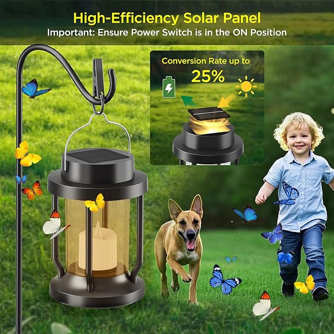Solar Lantern Outdoor & Indoor Use – Hanging Solar Lights with Realistic Flickering Flameless Candle, Weatherproof for Gardens, Patios, Trees, and Lawns (Black + Amber, 1 Pack)