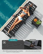 SERWALL Outdoor Chaise Lounge Set of 2 with 9FT Umbrella, HDPE Pool Lounge Chair with 5-Position Adjustable Backrest, Patio Lounger with Rolling Wheels & Cup Holder for Pool, Black