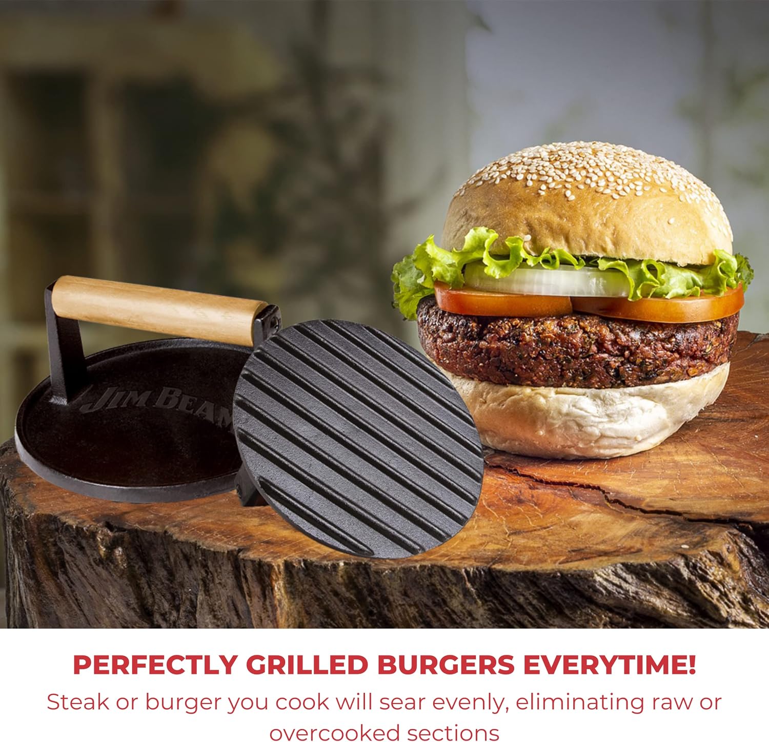 Jim Beam JB0158 Black Cast Iron Burger Press - 7'' Heavy Duty Burger Press with Solid Wood Handle