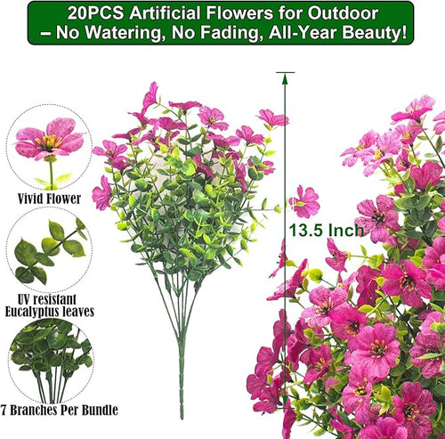 20 Bundles Artificial Flowers for Outdoors, UV Resistant Fake Plants Flowers Greenery Shrubs Plants for Decoration Outside Plants Hanging Planter Home Garden Decor (Rose Red)