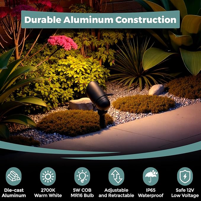 Gardencoin Low Voltage Landscape Spotlight, 12V LED Outdoor Landscape Lighting, Landscape Spot Lights Wired for Garden and Yard, Aluminum Up Lighting Fixture with 5W MR16 Replaceable Bulb (12 Pack)