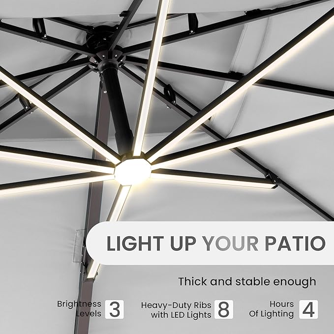 10 X 13 FT Cantilever Patio Umbrella with Led Lights and Base Included Outdoor Heavy Duty Double Top Rectangle Offset Umbrellas with 360-degree Rotation for Pool Deck Backyard, Foggy Grey