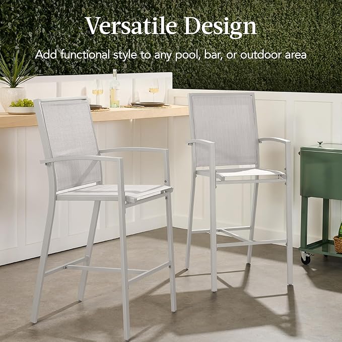 Best Choice Products Outdoor Bar Stools Set of 2, Bar Height, Patio Furniture, All Weather Mesh Design w/Armrest - Gray/Gray