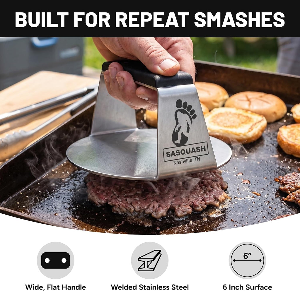Sasquash Smash Burger Press, Round Stainless Steel, Flat Handle Tool 6 inch | Heavy Duty Welded Construction, Great For Skillet or Cast Iron Cooking, Backyard Grilling Kitchen Essentials, Cookout Ready