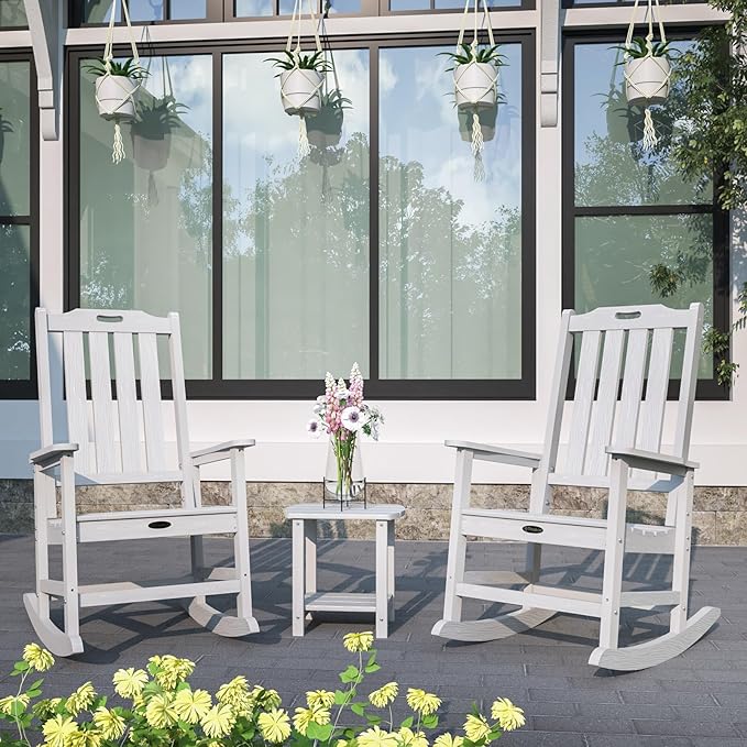 Oversized Rocking Chair Set of 2, Outdoor Rocking Chair for Adults, All Weather Resistant Porch Rocker for Lawn Garden, White