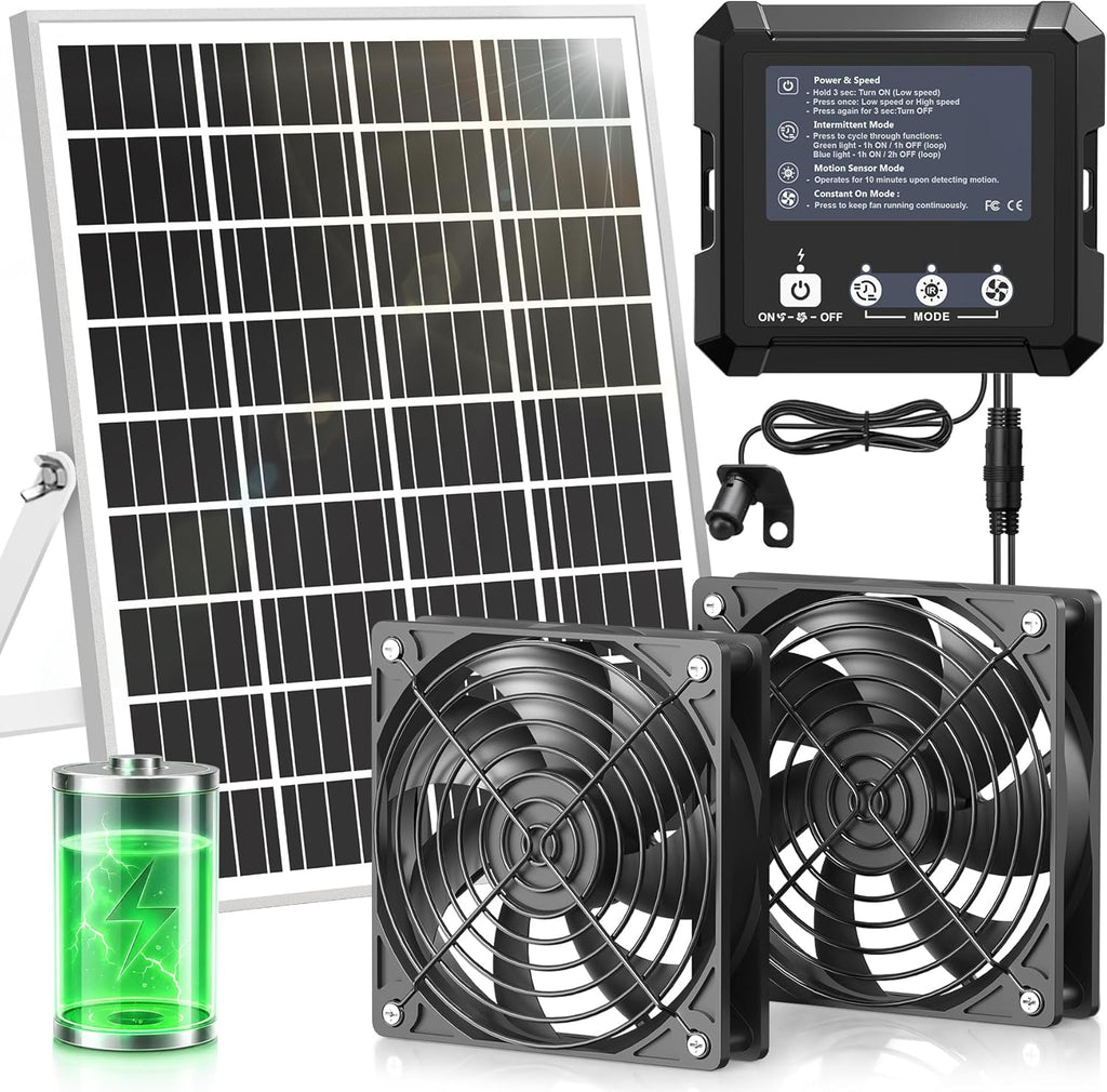 solar powered fan with 7500mah battery, solar exhaust, main product view