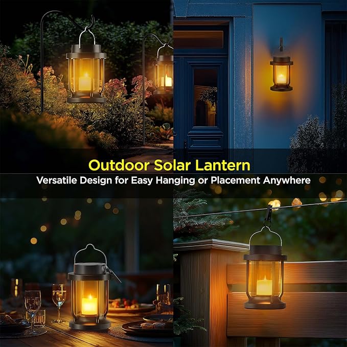 Solar Lantern Outdoor & Indoor Use – Hanging Solar Lights with Realistic Flickering Flameless Candle, Weatherproof for Gardens, Patios, Trees, and Lawns (Black + Amber, 1 Pack)