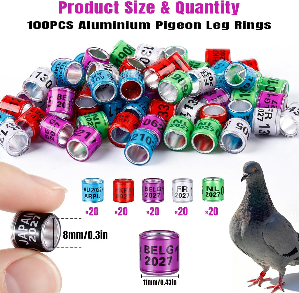 100Pcs Multicolor Aluminium Pigeon Leg Rings Dove Leg Rings Identify Pigeon BandsPlastic with 2027 Training Identify Birds Foot Ring (Multicolor)