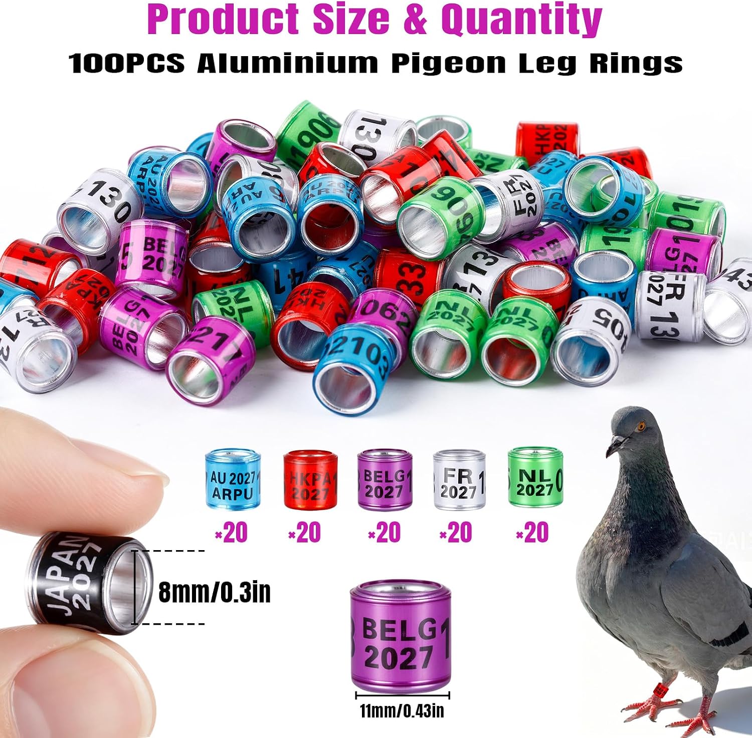 100Pcs Multicolor Aluminium Pigeon Leg Rings Dove Leg Rings Identify Pigeon BandsPlastic with 2027 Training Identify Birds Foot Ring (Multicolor)