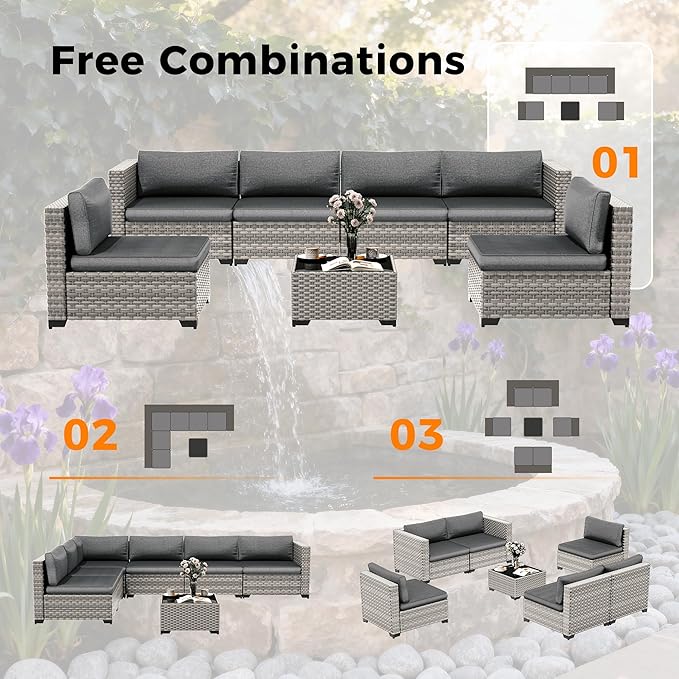 12-Seat Modular Patio Furniture Set – Outdoor Wicker Sectional Sofa with Thick 4″ Cushions, Dual-Strand PE Rattan, Rust-Resistant 18 mm Steel Frame, Backyard Garden Deck Lounge,Black