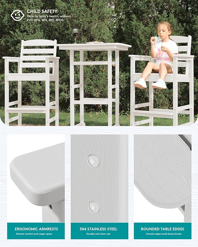 SERWALL 4 Pieces Outdoor Patio Bar Set with 9ft Umbrella, Outdoor HDPE Barstool and Table Furniture Set with Patio Umbrella, White