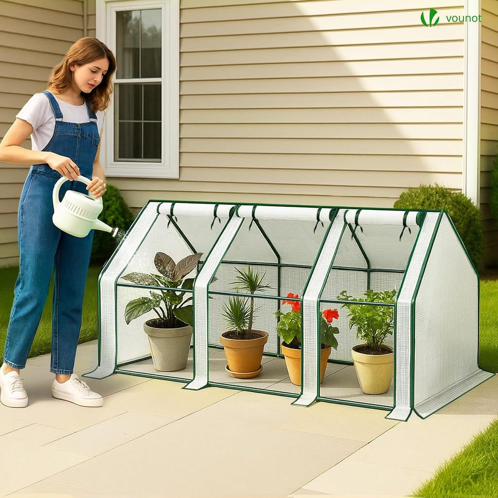 vounot® mini greenhouse with 3 roll-up zipper windows, side view