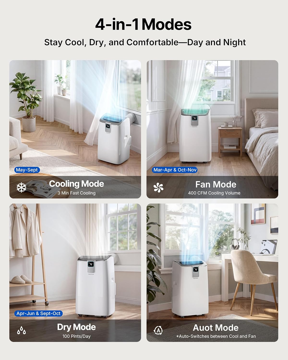 14,000 btu portable air conditioner, 4-in-1 smart ac showing dimensions