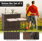 Tangkula 3 Piece Patio Bar Set, Outdoor Rattan Bar Table and 2 Stools with Tempered Glass Tabletop, 2-Tier Storage, Removable Cushions, Outside Wicker Conversation Set