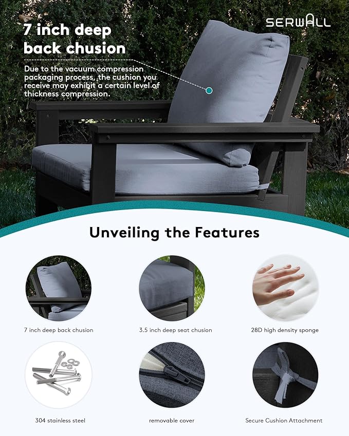 SERWALL Outdoor Sectional Sofa Set, 5-piece Outdoor Modula Couch Set with Ottoman, All Weather Patio Furniture Set with Chaise for Deck, Lawn, Black Frame with Gray Cushion